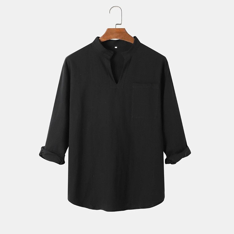 Unbeatable Quality 2025 Spring And Autumn Men's Casual Small V-neck Solid Color Long Sleeved Cotton Shirt_voghion.com