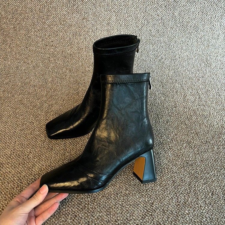 Lancui Edition~ Square Toe High Heel Elegant Versatile Height Increasing Slim For Women Genuine Leather British Style_voghion.com