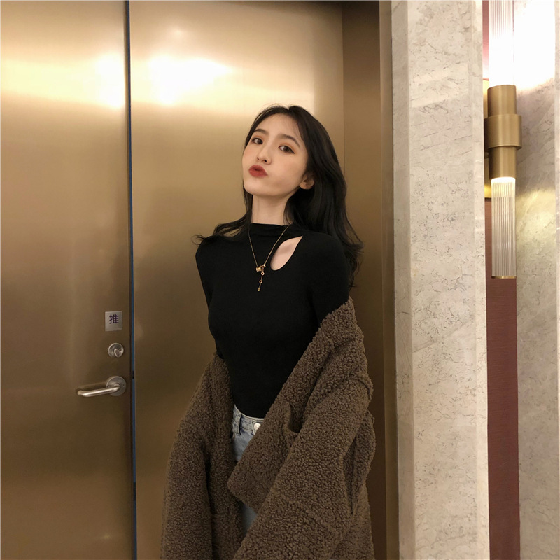 Thread half high neckline base shirt, spring, autumn, winter, western-style inner layer, slim fit top, exposed collarbone long sleeved T-shirt_voghion.com