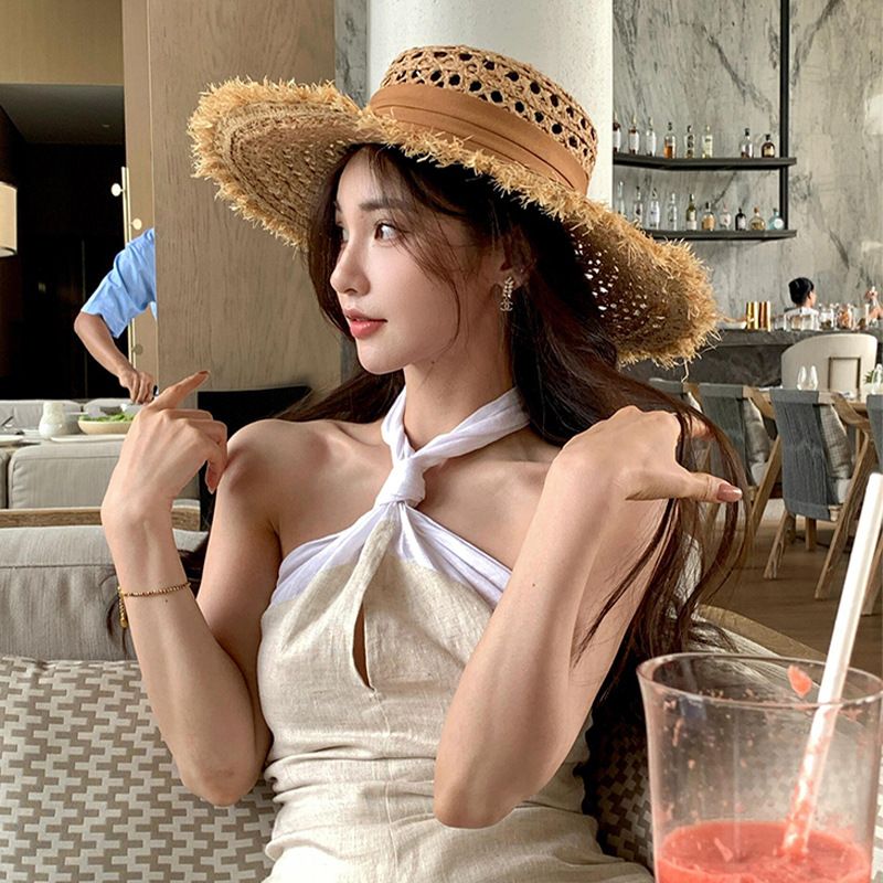 Cappello di paglia a tesa larga da donna, con protezione solare per le vacanze in spiaggia_voghion.com