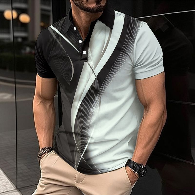 Men's Casual Polo Shirt Printed Lapel Button Business Color Matching All Match T Shirt_voghion.com