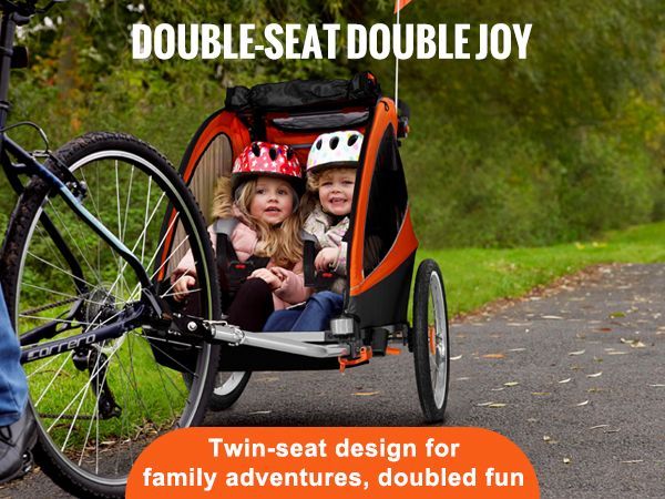 VEVOR Bike Trailer For Toddlers, Kids, Double Seat, 100 Lbs Load, 2-In-1 Canopy Carrier Converts To Stroller, Tow Behind Foldable Child Bicycle Trailer With Universal Bicycle Coupler, Orange And Gray_voghion.com