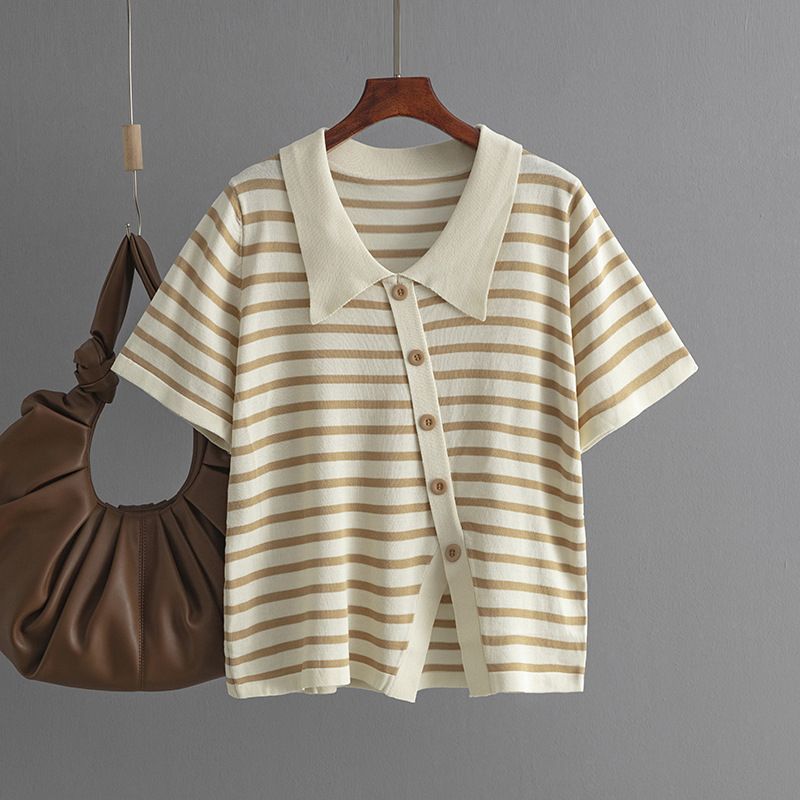 Maglietta estiva da donna nuova, a righe, a maniche corte, con colletto polo, MM_voghion.com