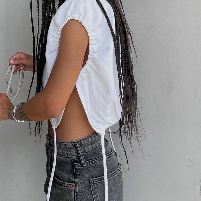 Q22TP269 Summer New 2024 Solid Color Pullover Round Neck Sleeveless Drawstring Loose Women's Top T-shirt_voghion.com