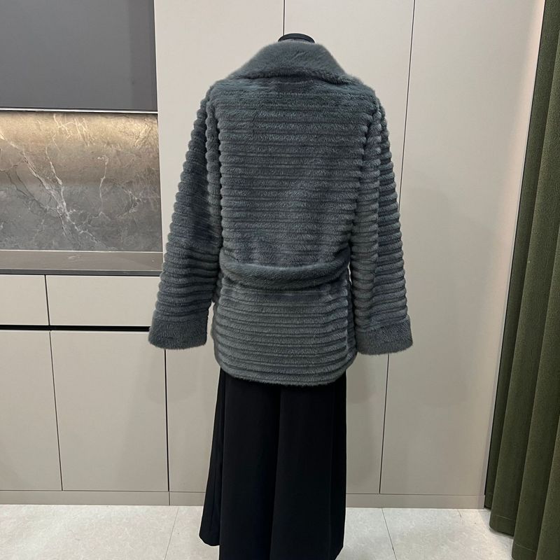Women's Clothing Eco Friendly Fur Coat, Faux Mink Fur, Short Suit Collar With Horizontal Stripe Belt_voghion.com