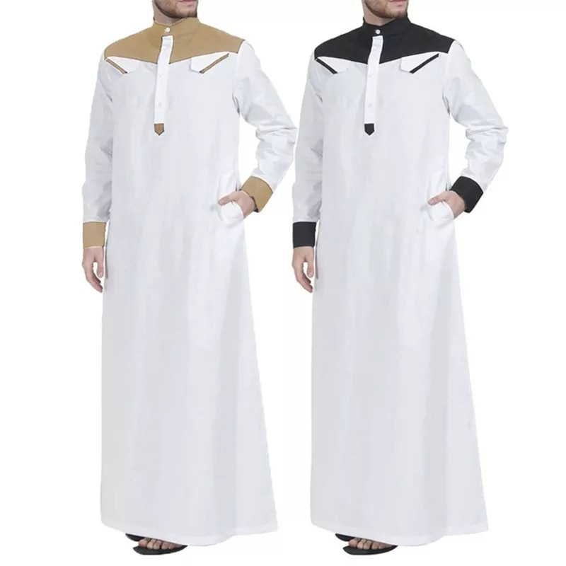 Traditionelle Kleidung Kontrastfarbe Muslimisches Kleid Naher Osten Jubba Thobe Herren Robe mit langen Ärmeln Mandarin-Ausschnitt_voghion.com