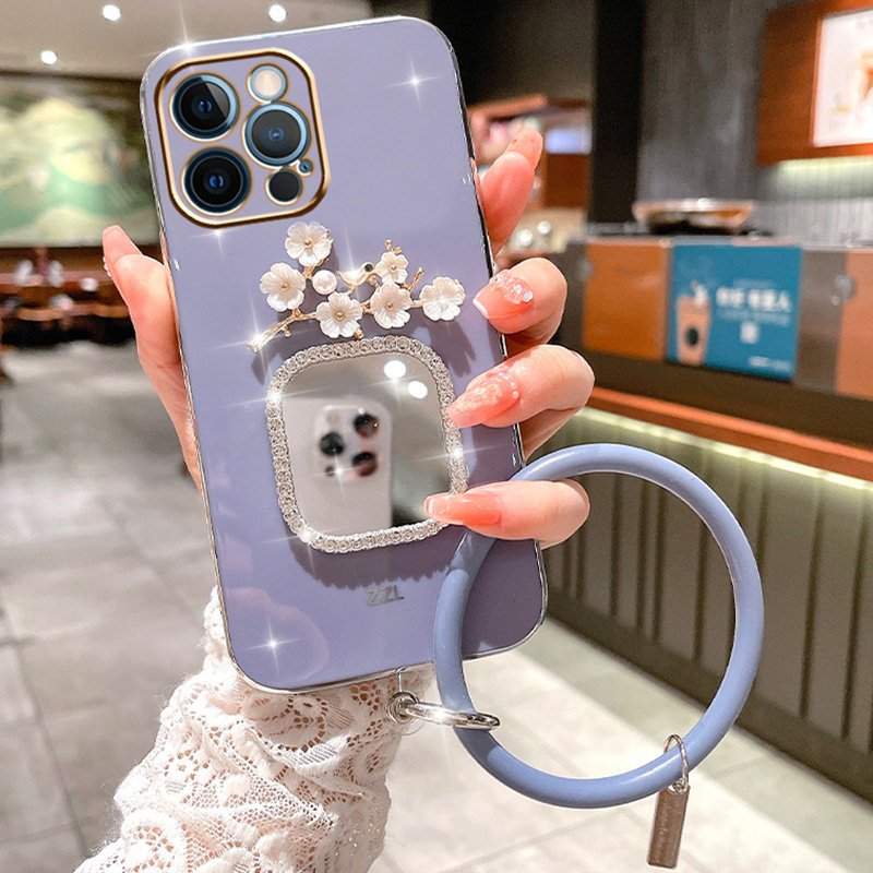 Plating Bracelet Case For Samsung A34 A54 A53 A32 A33 A22 A13 4G 5G A12 A73 A25 A31 A21S A14 Plum Flower Square Mirror_voghion.com