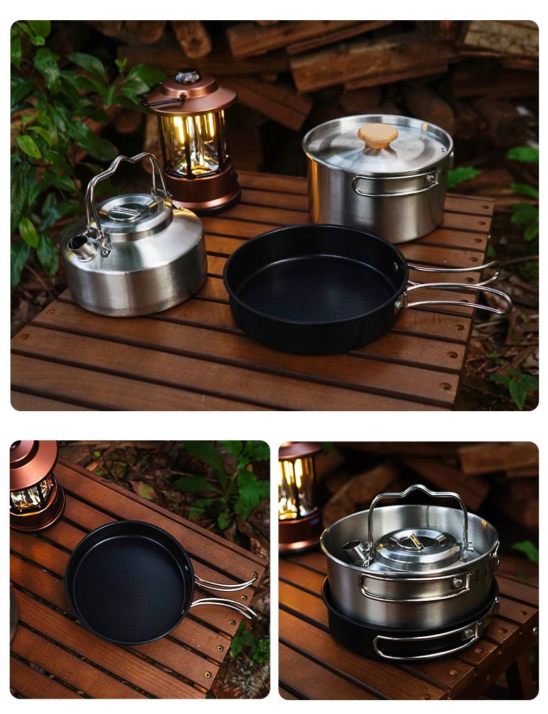 Set di pentole da campeggio da 4 pezzi - Pentola, padella e bollitore in acciaio inossidabile per cucinare all'aperto. Set di pentole portatile per escursioni e viaggi su strada._voghion.com