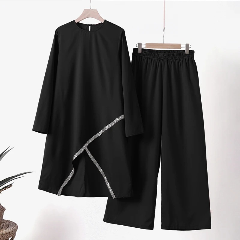 Women's Muslim two-piece long-sleeved O-neck long-sleeved shirt wide-leg pants suit casual solid women's suit_voghion.com