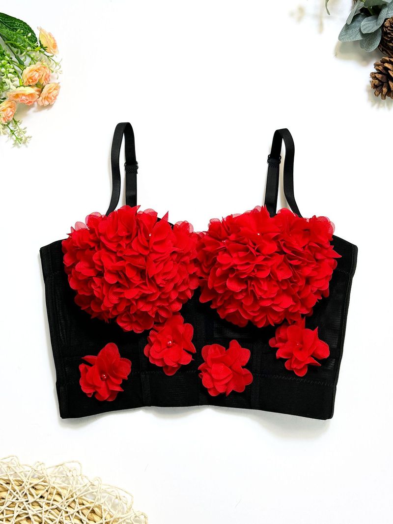 Women's Clothing Lace Mesh Fishbone Sling Short With Chest Pad Flower Small Vest Outer Wear Bottoming Chest Wrap French Beaded Top_voghion.com