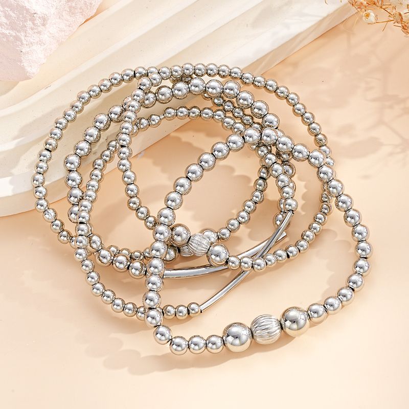 Bracelets Elastic Alloy CCB Round Bead Bracelet 4 Piece Set, Silver Fashion Multi Layer Stackable Jewelry Set_voghion.com
