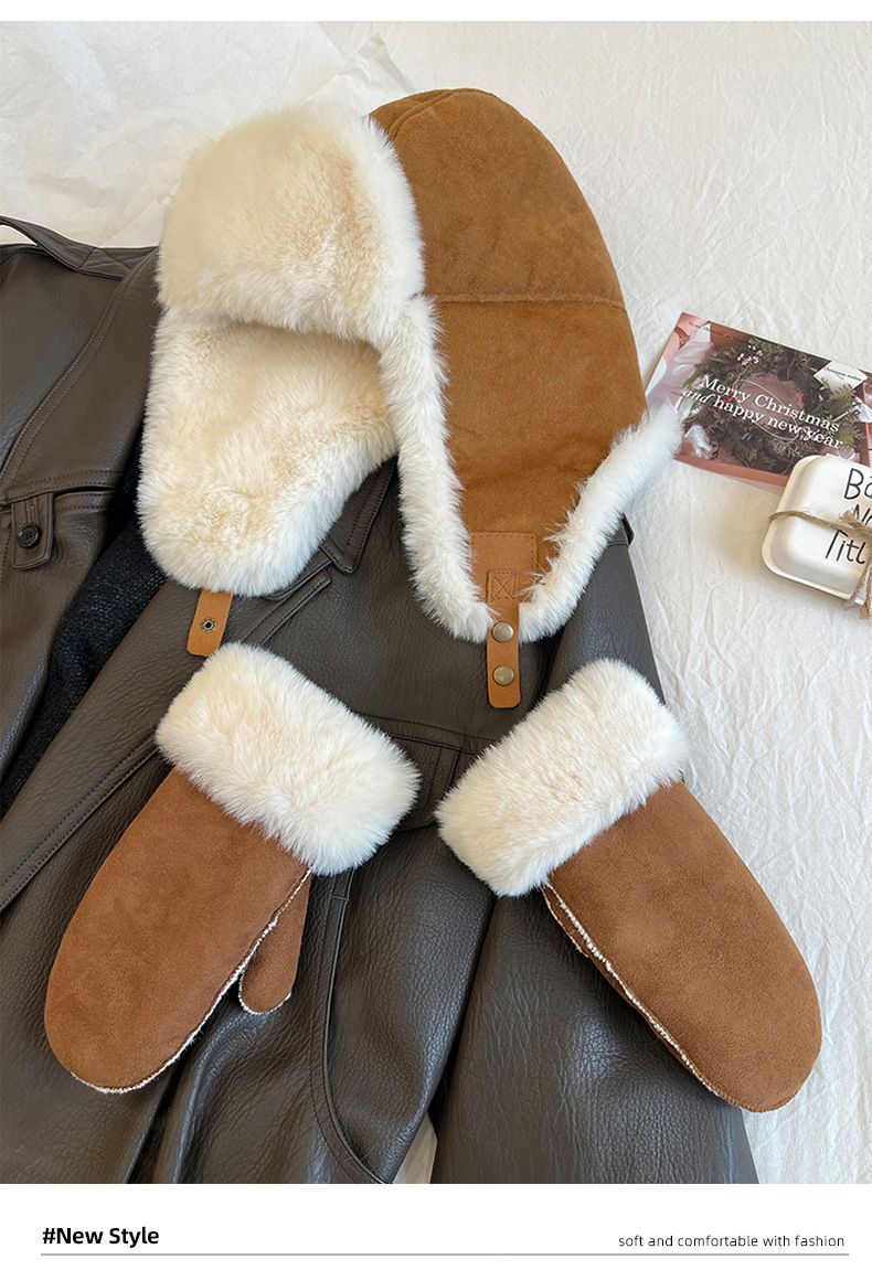 Women's Hats Autumn And Winter Suede Lei Feng Hat Plush Thickened Earmuffs Warm Ski Hat Rabbit Fur Gloves Outdoor Cold Proof Suit_voghion.com