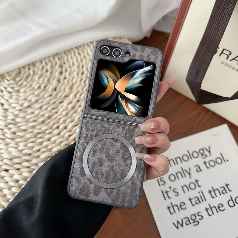 „Samsung zflip6“ mobiliojo telefono dėklas, skirtas „Galaxy Zflip4/5“, leopardo rašto, magnetinis, prisisiurbiantis TPU dėklas su minkštais kraštais, odinis lipdukas._voghion.com