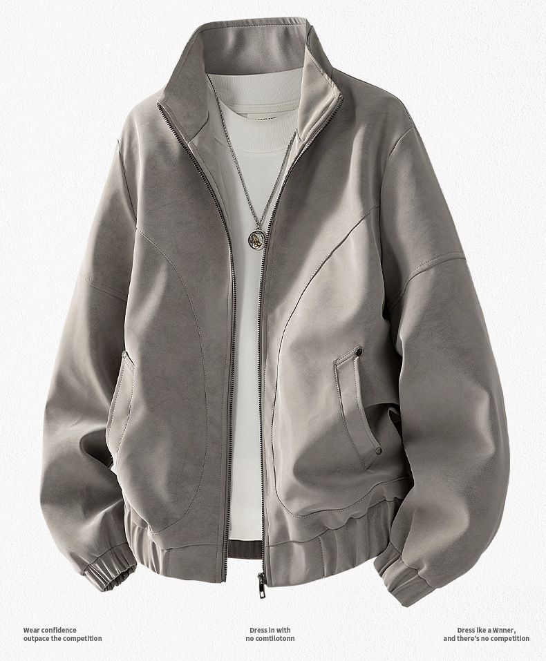 Giacca in pelle scamosciata effetto invecchiato da uomo Giacca vintage effetto pelle scamosciata effetto invecchiato - Cappotto in similpelle retrò con collo alto (grigio, nero, marrone)_voghion.com