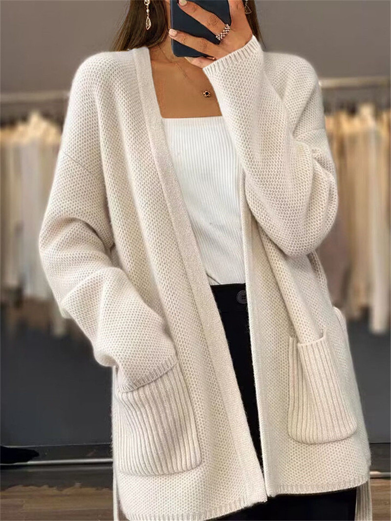 Women's clothing women's thickened solid color lace-up knitted cardigan loose pocket sweater jacket_voghion.com
