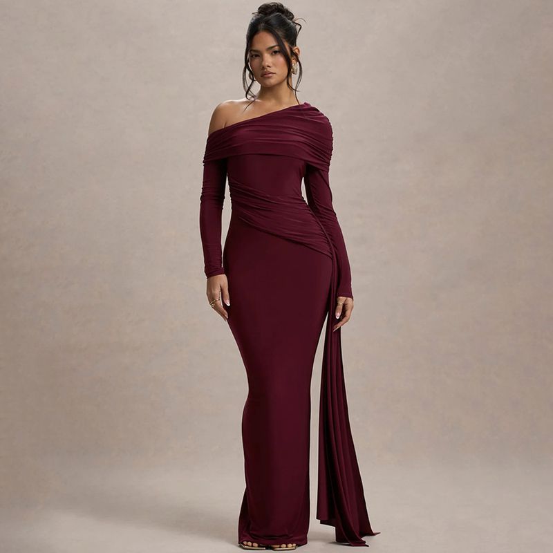 Elegante abito aderente a maniche lunghe con spalle scoperte, volant e vita alta – Abito da sera slim fit alla moda per donna_voghion.com