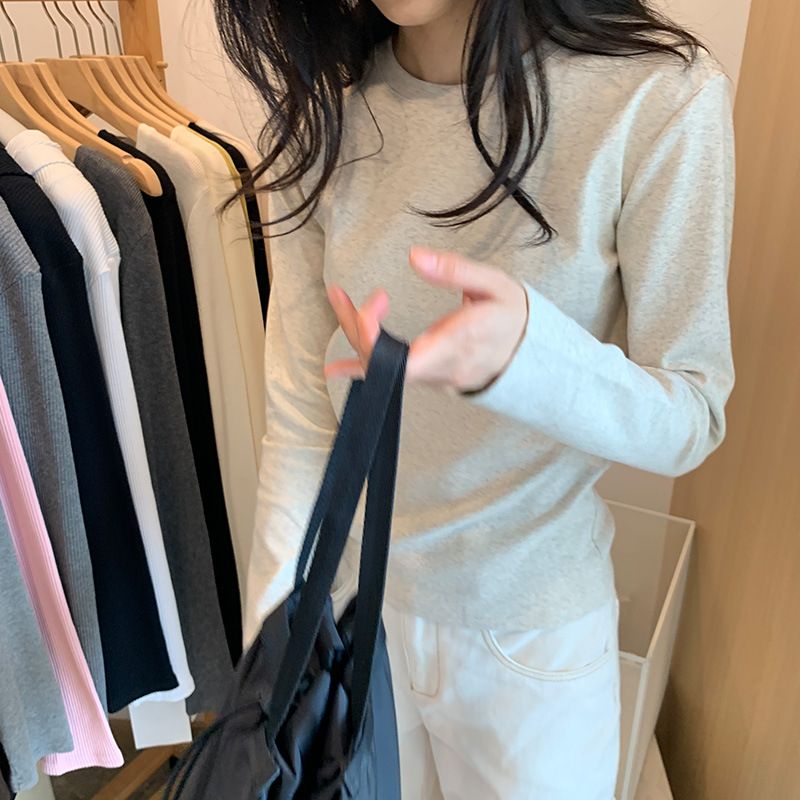 100% Cotton Crew Neck Solid Color Base Shirt Spring Autumn Winter New Layered Slim Fit Long Sleeve T-Shirt Top For Women_voghion.com