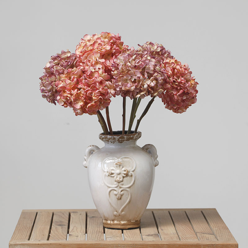 Blummen, grouss Hortensien mat verbranntem Rand, Retro Uelegmolerei, Hochzäitsdekoratioun fir doheem an Hoteler, Blummenkonscht_voghion.com