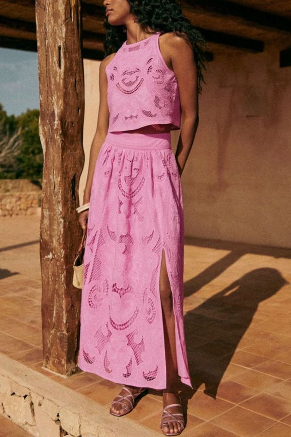 Women's Sleeveless Floral Embroidery Lounge Set – Loose Split Hem Skirt With Pockets & Crop Top, 2-Piece Outfit For Vacation_voghion.com