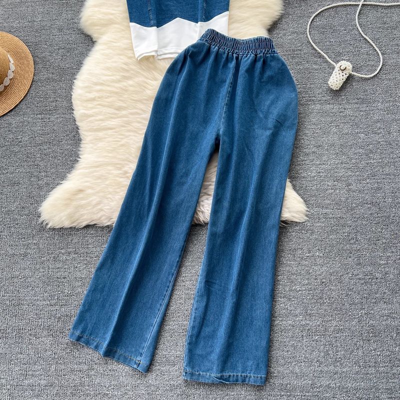 Abbigliamento da donna, design retrò, versatile maglietta a maniche corte con colori a contrasto, jeans casual a vita alta_voghion.com