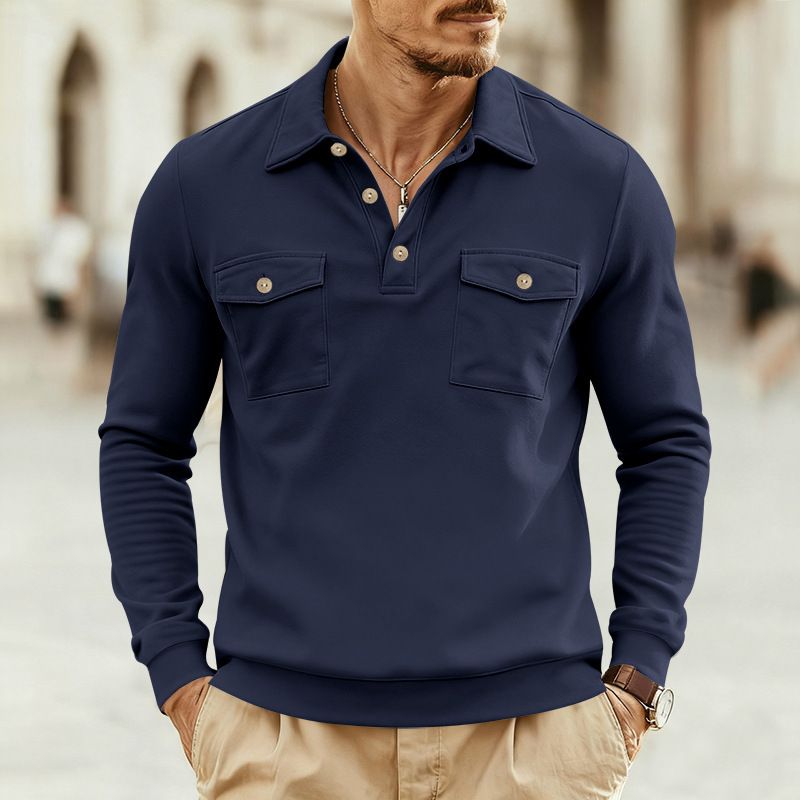 Polo da uomo a maniche lunghe, vestibilità comoda, in pile multitasche, per autunno inverno_voghion.com