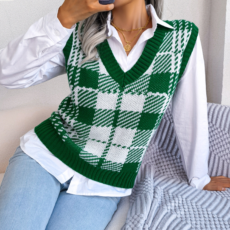 Ins Style Autumn Winter Casual Color-Block Plaid Knitted Vest Sweater Women's Fashion_voghion.com