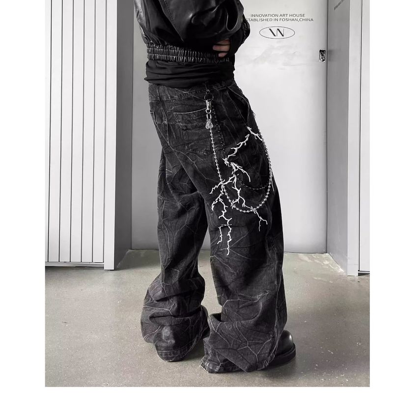 Herrenbekleidung Nische gewaschene Jeans mit Blitzmuster und Stickereien für Männer und Frauen High Street Hip Hop lockere gerade Freizeithose_voghion.com