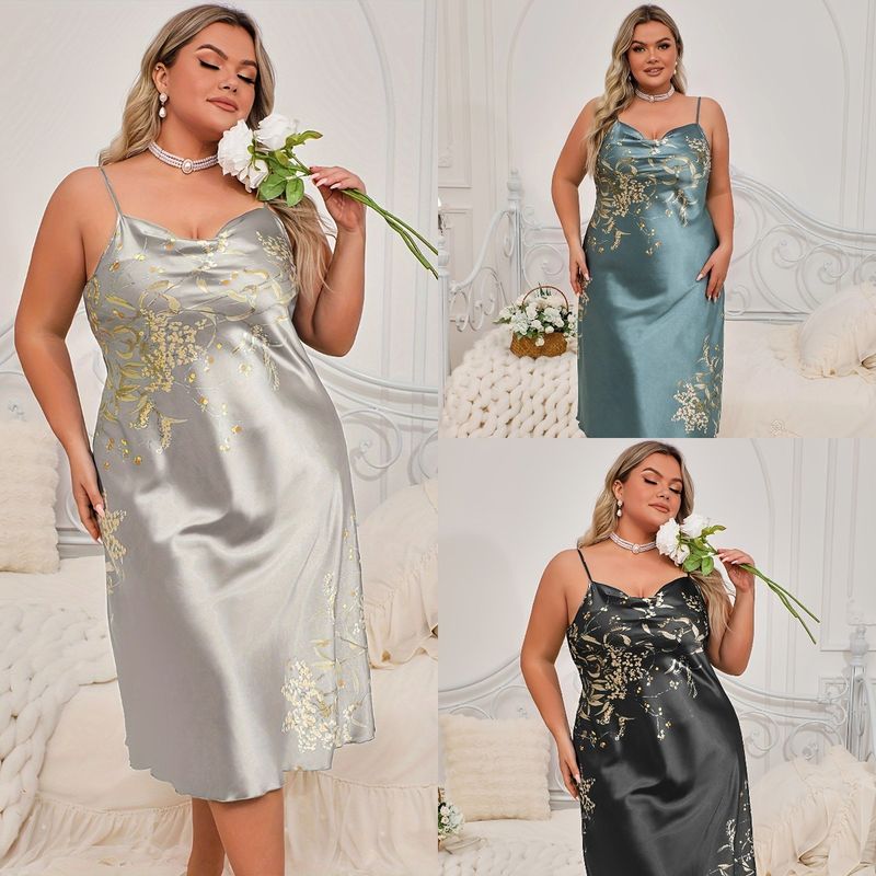 Camisón sin mangas con estampado floral de talla grande, elegante y cómodo, ropa de estar por casa para mujer, bata de dormir sexy_voghion.com