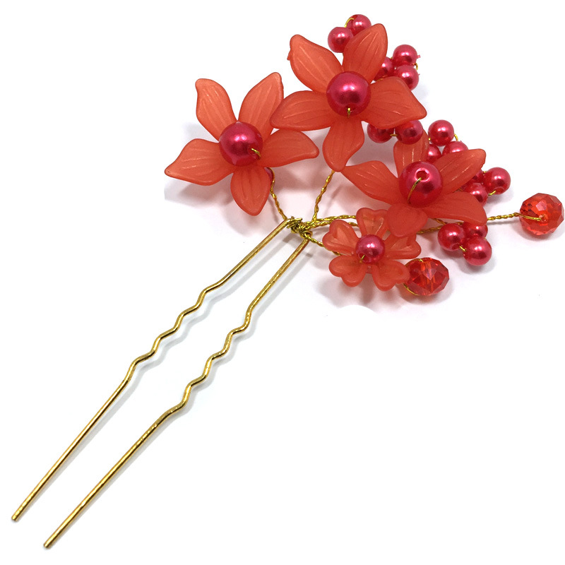 Bruids bruiloft hoofdtooi haaraccessoires rode en witte parel kralen matte bloem haarplug U-vormige haarplug haarspeld groothandel_voghion.com