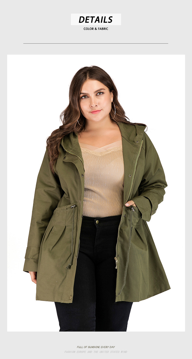 Dames taille taille afslankende legergroene capuchon trenchcoat herfst en winter lange mouwen plus size jas_voghion.com