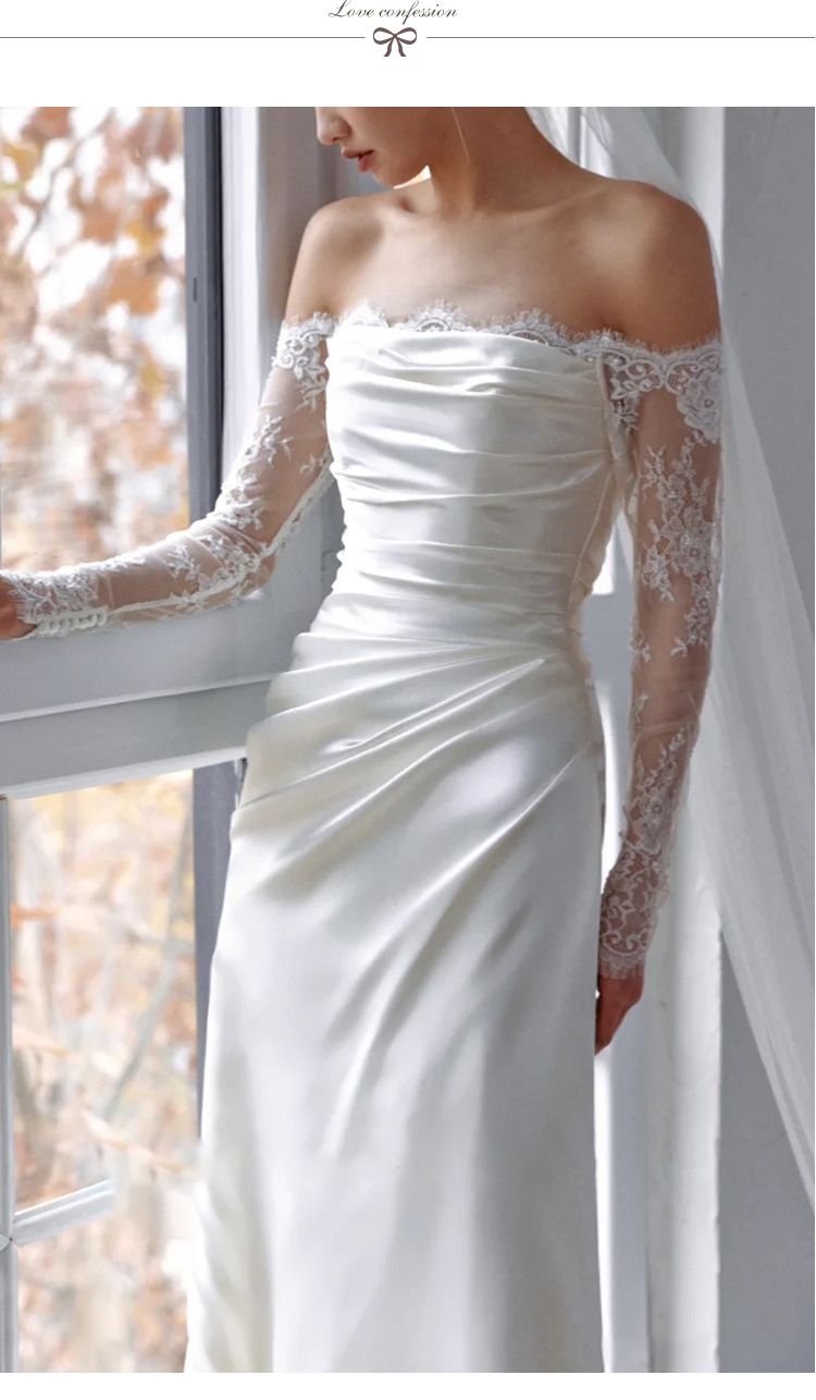 Women's Clothing One Shoulder Light Wedding Dress With Temperament And Trailing Forest Style Travel Photography Simple Long Sleeved Dress_voghion.com
