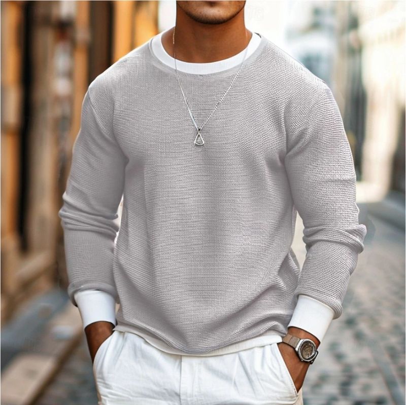 Herrenbekleidung Neue Herren Waffel T-Shirt Tops Langarmshirt Einfarbig Rundhals Street Holiday Langarmmode_voghion.com