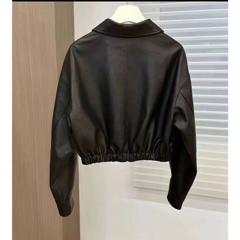 Veste courte en cuir noir souple pour femme, col carré, design unique, style moto, fermeture éclair_voghion.com