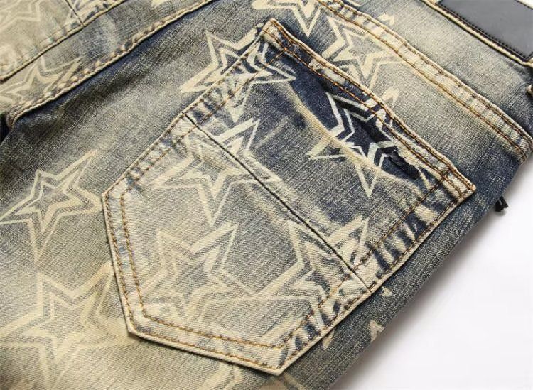 Trendy Printed Denim Suit, Men's Elastic Slim Fit, Perforated Jacket Top, Trendy Patch, Beggar Pants_voghion.com