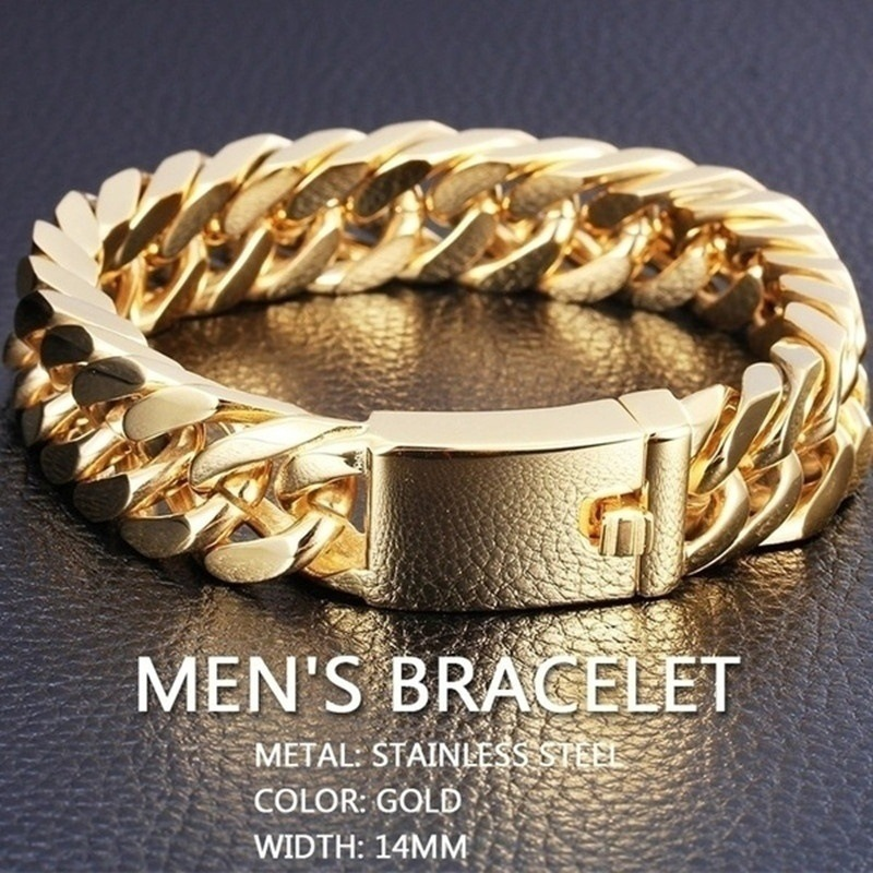 Moda Masculina Banhado A Ouro 10mm Pulseira Liga Dupla Fivela Pulseira Atmosférica Moderna_voghion.com