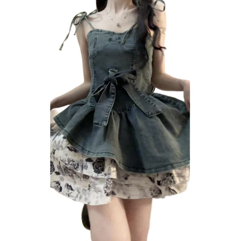 Abito in denim patchwork con fiocco e nodo, nuova collezione estiva da donna, gonna corta snellente e floreale soffice_voghion.com