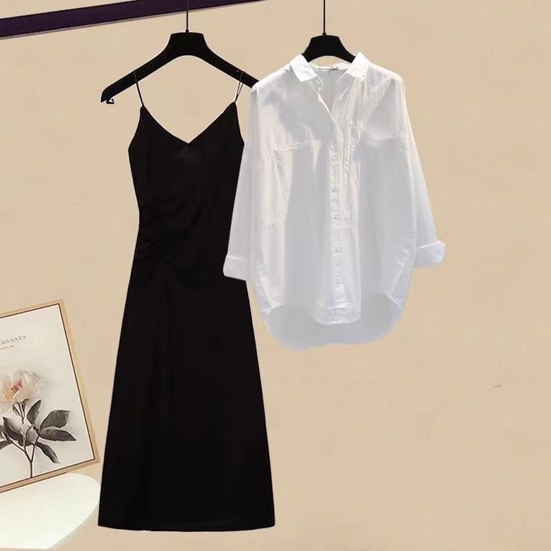 Abbigliamento da donna, abito di lusso per donne, nuova ragazza grassa, copri carne e mostra camicia sottile, gonna con bretelle, abito a due pezzi_voghion.com