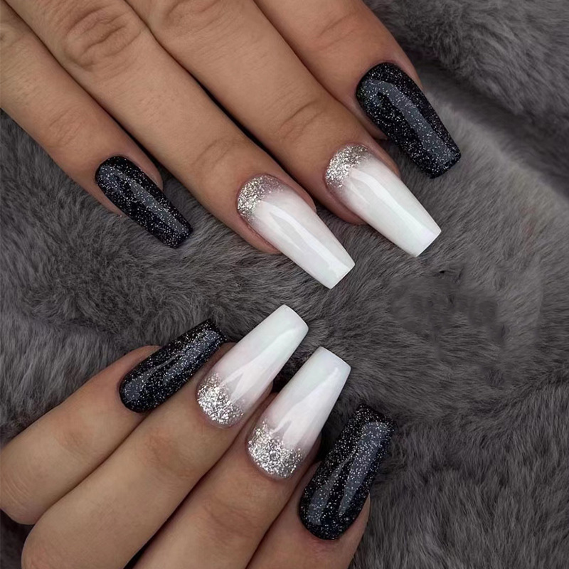 Glitter White 24Pcs Line Design False Nails Wearable French Fake Nails Long Square Head Press on Nails Full Co_voghion.com