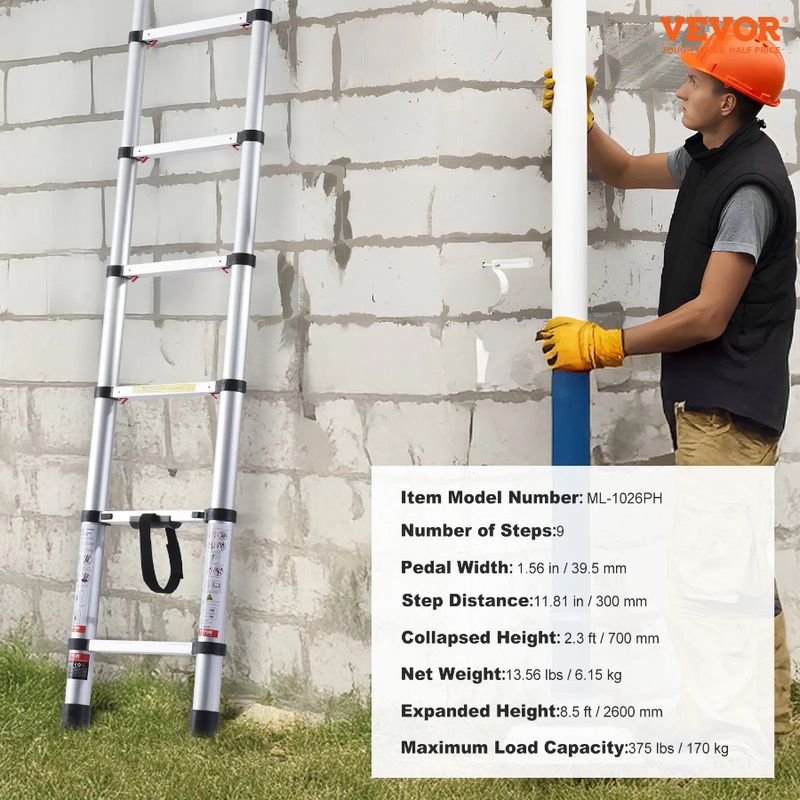 Ladder Onebutton 375 Telescoping 8.5FT LBS Capacity Retraction Extension_voghion.com