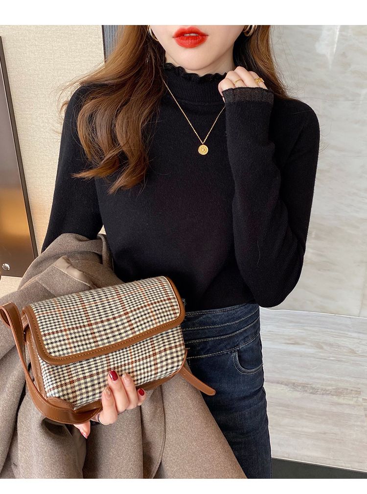 Lace Trim Half Turtleneck Base Shirt For Women 2023 Autumn Winter New Fashionable Solid Color Slim Fit Knitted Top_voghion.com