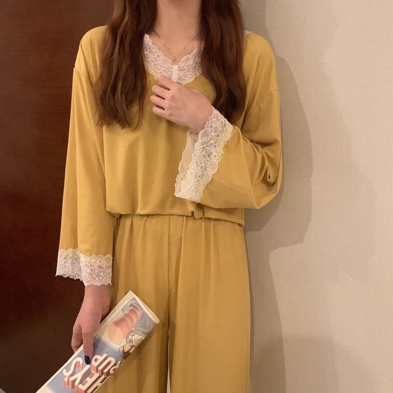 Pigiama casual e comodo in seta ghiacciata da donna, estivo e autunnale, nuovo set di due pezzi in pizzo con pantaloni a maniche lunghe_voghion.com