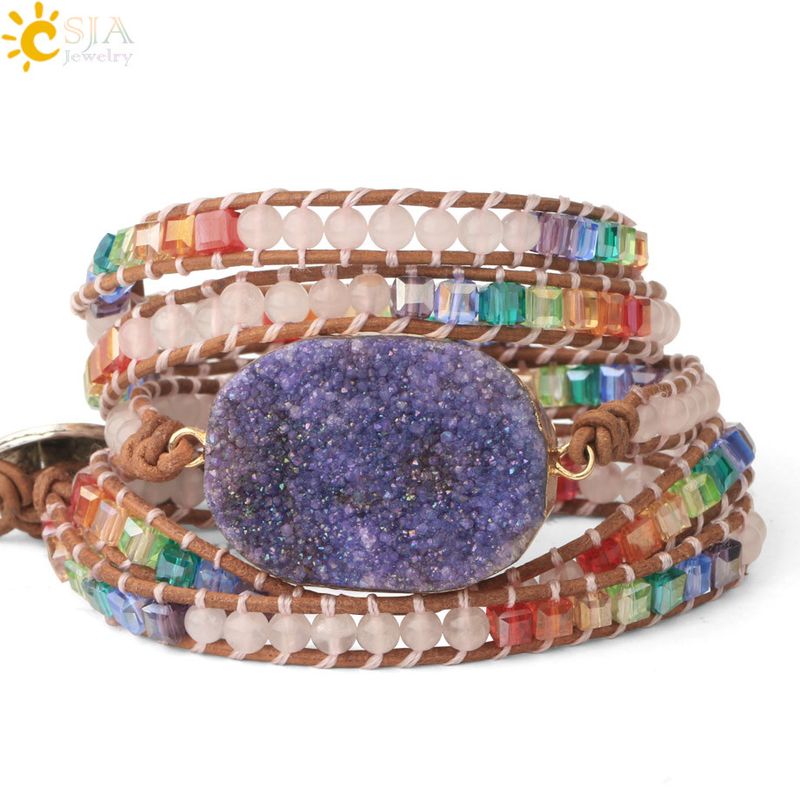 CSJA Irregular Crystal Multi-layer Wrapped Leather Purple Druzes Quartz Beaded Bohemian Handmade Bracelet_voghion.com