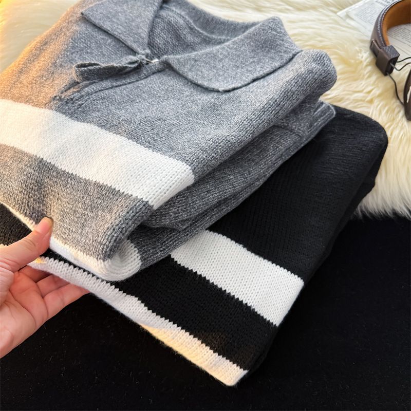 Maglione da uomo con zip a righe color-block – Pullover in maglia con collo polo per inverno e autunno (M-2XL, 60% poliestere, vestibilità ampia, abbigliamento casual da strada)_voghion.com