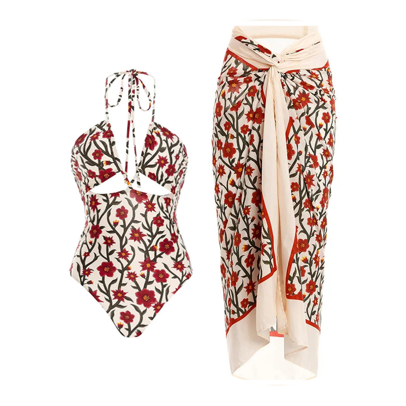 Maillot de bain une pièce rétro à bretelles florales, col licou, costume en mousseline de soie pour femmes_voghion.com