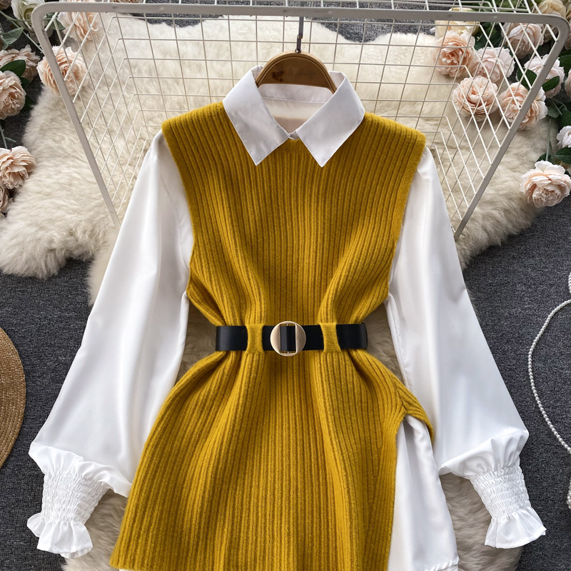 Set de două piese pentru femei, cămașă albă cu mâneci lungi și vestă din tricot despicat_voghion.com