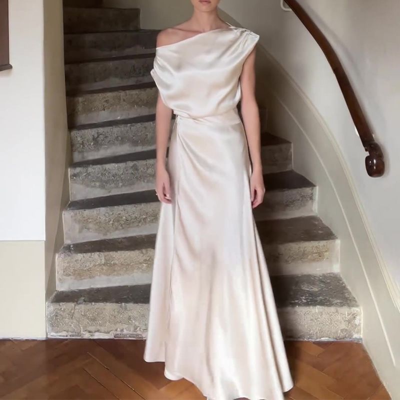 Women's summer satin off-shoulder sexy top high waist temperament long skirt two-piece suit_voghion.com