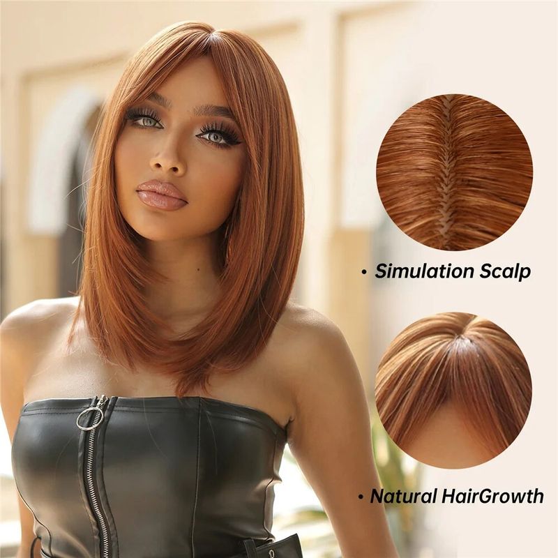 Parrucche sintetiche lisce di media lunghezza Parrucca di capelli naturali color rame e zenzero con frangia per donne Parrucca Bob per cosplay quotidiani Resistente al calore_voghion.com