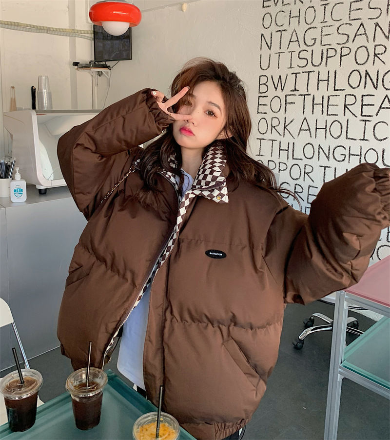 new style checkerboard down cotton coat for women, loose BF style stand collar short cotton coat, cotton jacket, thickened bread coat_voghion.com