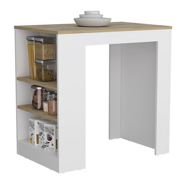 Kitchen Island Doyle, Three Side Shelves, White And Light Oak Finish_voghion.com