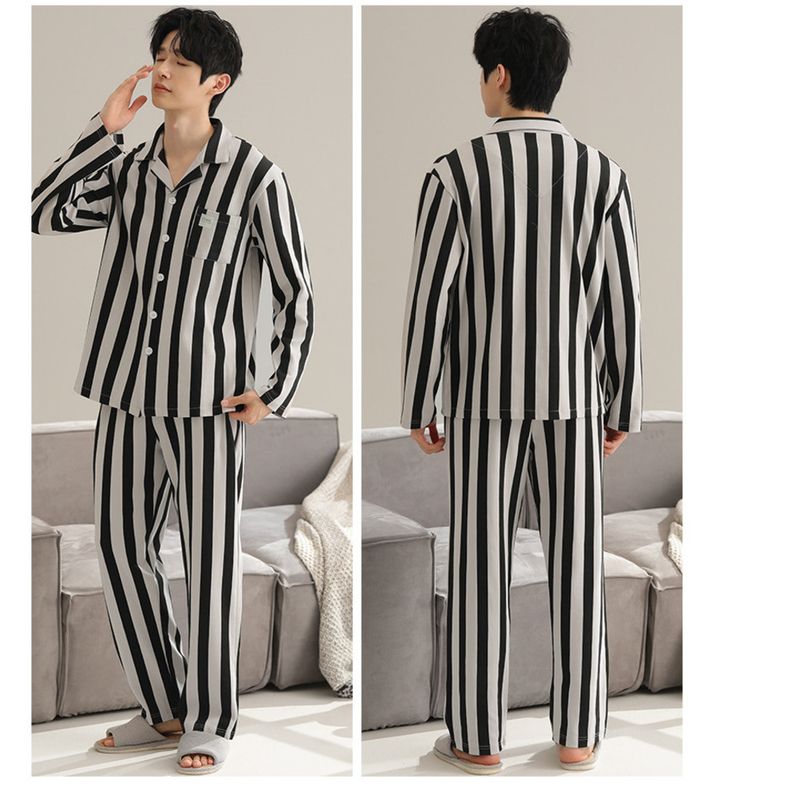 2024 nuevo pijama de manga larga para hombre, estilo puro de primavera y otoño, conjunto de traje de algodón para el hogar para adolescentes, se puede usar al aire libre_voghion.com